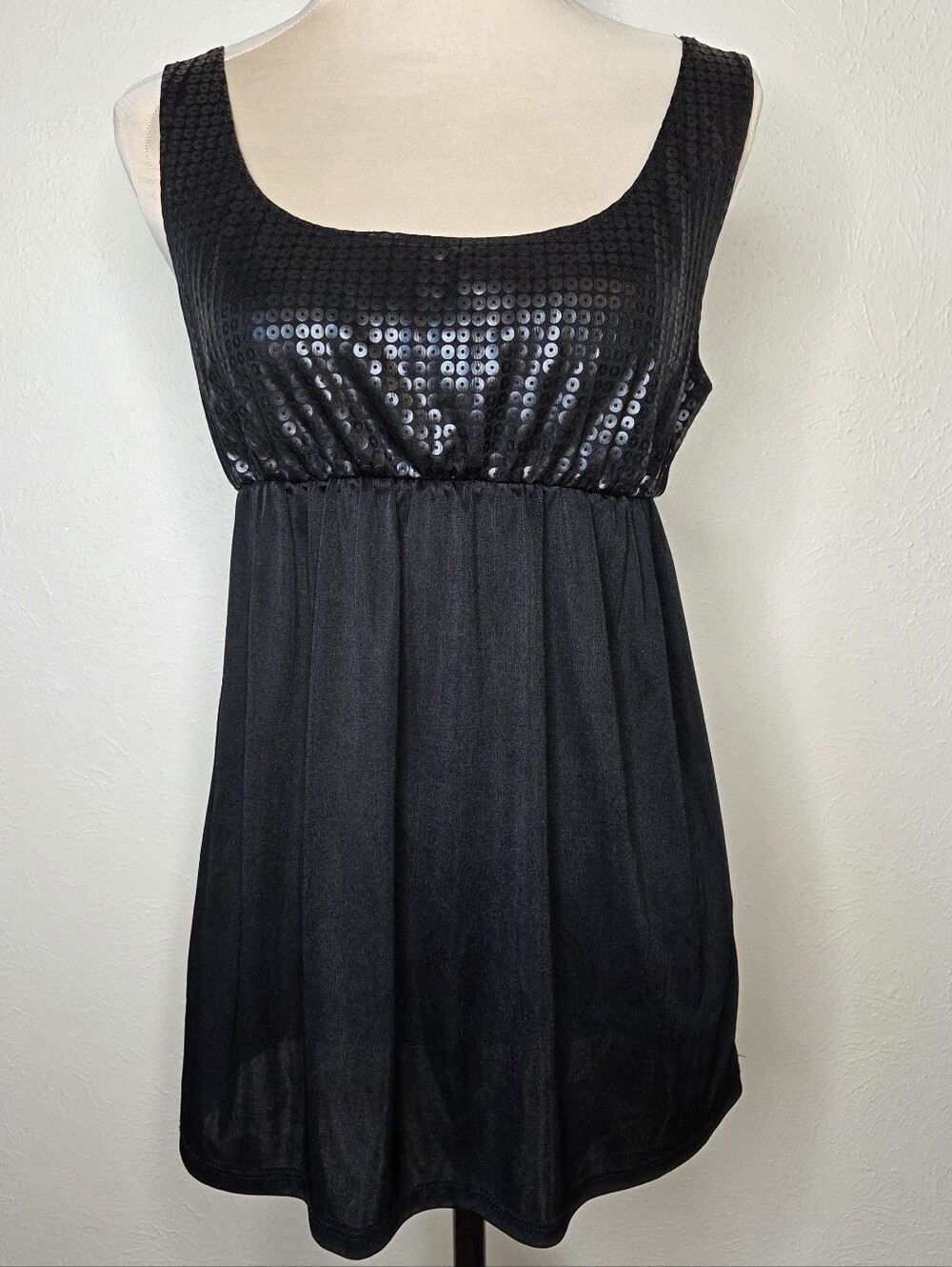 Y2K Black Sequin Babydoll Tank Top Club Kid Goth USA Dark Coquette Large